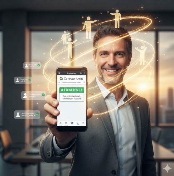 Empresário vendo resultados de SEO Local e Google Maps em Niterói - Sucesso com a Conectar Ideias