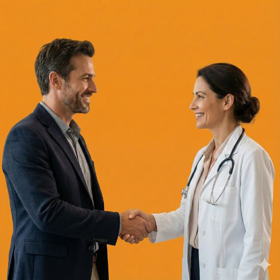 Consultor da Conectar Ideias fechando parceria de crescimento com médica esteticista em Niterói, selando compromisso com resultados de SEO Local.